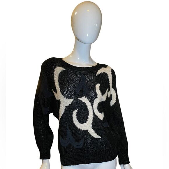 Vintage Ginenne 80s Abstract Angora Sweater Medium Black White - Picture 1 of 11